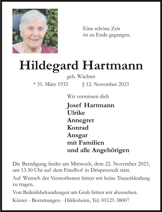 Erinnerungsbild für Hildegard Hartmann